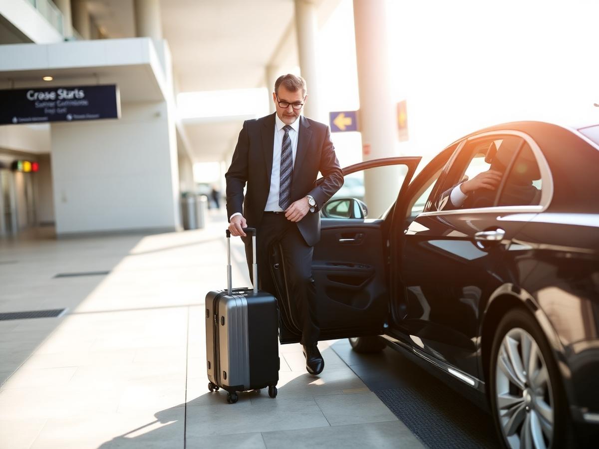 Chauffeur assisting a traveler with luggage at curbside pickup for Austin-Bergstrom airport car service